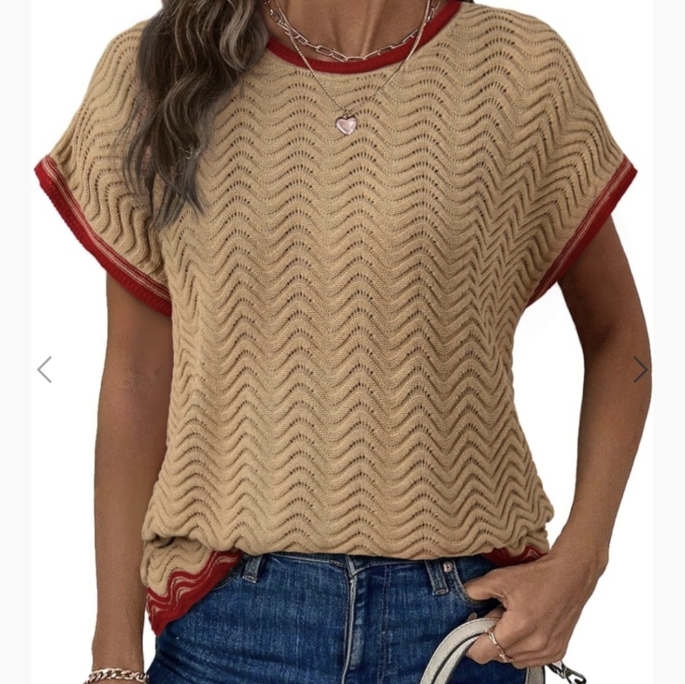Women's Beige and Red Crew Neck Sweater